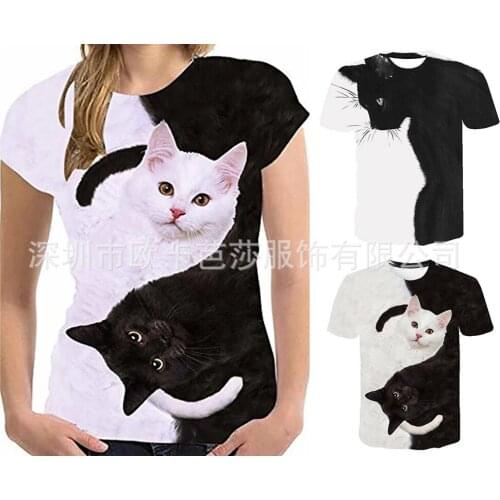 Summer T Shirt Women Hit 2021 New Black And White Cat Printing Short Sleeve T-shirt Leisure 2021 Harajuku Tshirt OKBS078