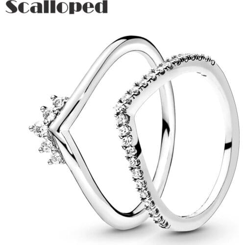 SCALLOPED Fashion Tiara Wishbone Rings Sparkling Zircon Women Wedding Band Set Engagement Jewelry Couple Gifts