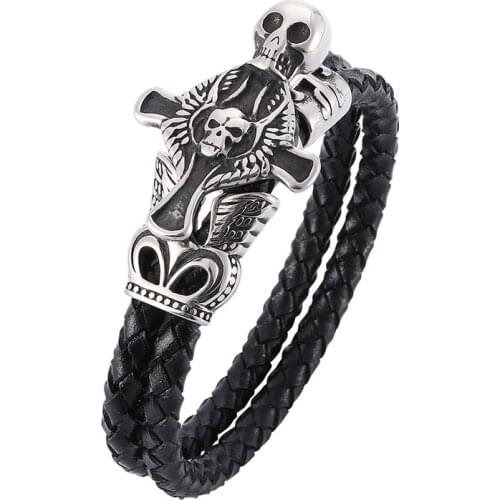 Fashion Punk Men Bracelet Jewelry Braided Leather Bracelet Stainless Steel Skull Cross Bracelet Rock Man Leather Wristband PW755