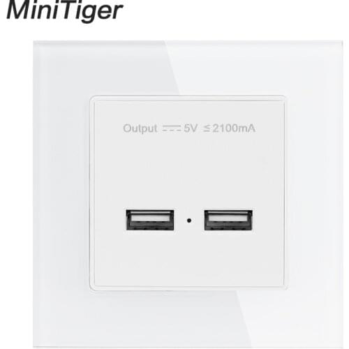 Minitiger Wall Power Socket Dual USB Smart Induction Charging Port For Mobile 5V 2.1A Output Crystal Tempered Glass Panel