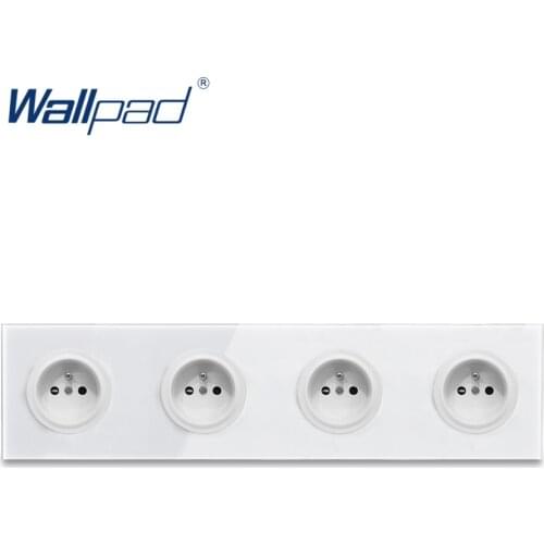 Wallpad L6 White Quadruple 4 Way French Plug Power Outlet Wall Socket with Pin Tempered Glass Panel 344*86mm 4 Port 4 Gang