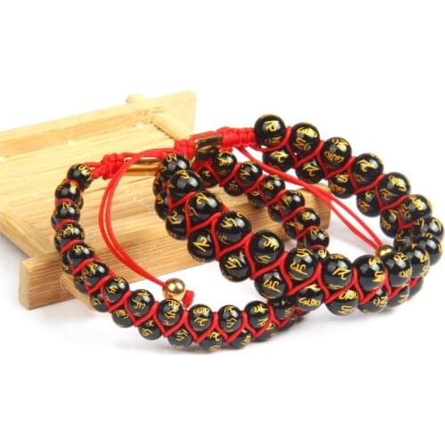 New Carved OM Mani Padme Hum Double Beaded Bracelet With Tibetan Totem Buddhism Hand Braided Lucky Knots Jewelry