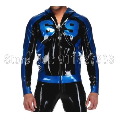 Handmade Black And Blue Trims Sexy Latex Jacket With Hoodies Zipper At Front Letters Decoration Rubber Coat Customize (Top Only)