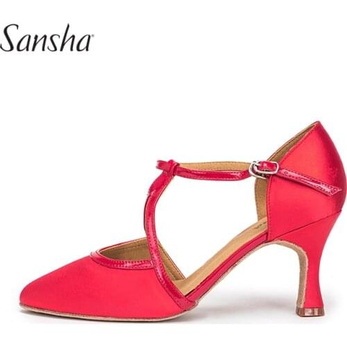 Sansha Women Satin Latin Shoes Closed Toe Red/Black/Gold Girls Ballroom Dance Shoes For Narrow Feet About 7CM Heel BR301788S