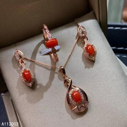 KJJEAXCMY Fine Jewelry 925 sterling silver inlaid natural gemstone red coral ring pendant earring set beautiful supports test