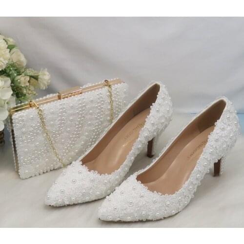 BaoYaFang White Flower Pearl Bridal wedding shoes Fashion Bride Pointed Toe Thin High Heel Party dress shoes and bag set