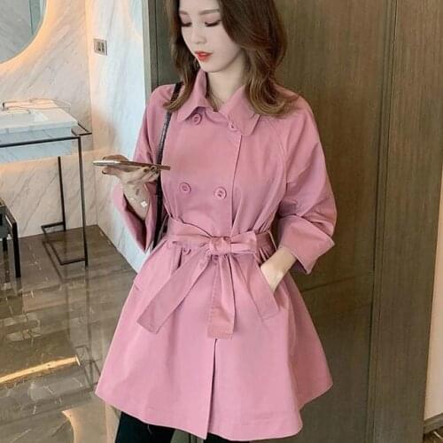 Women Spring Autumn Trench New Pink Coat Ladies Elegant Long Temperament Fashion Double Breasted With Belt Outwear Trench
