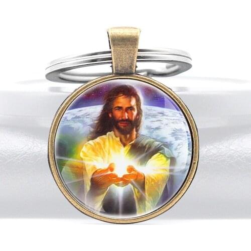 Vintage Jesus Glass Dome key Chains Of God Christian Men Women Key Ring Jewelry Gifts