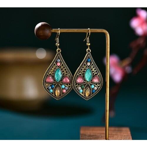 Vintage Gold Color Crystal Stone Water Drop Hook Earrings For Women Ethnic Pink Beaded Carved Bohemian Earrings Indian Jewelry
