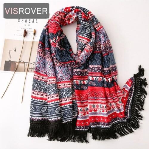 VISROVER 2020 red black geometric printing viscose summer scarf tassel Fashion beach Wraps Spring Shawls Hijab gift wholesales
