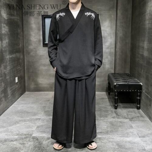 Japanese Style Suits Kimono Fashion Full Sleeved Tops Pants Two Piece Tops Trousers Male Japan Harajuku Yukata Cardigan Costumes