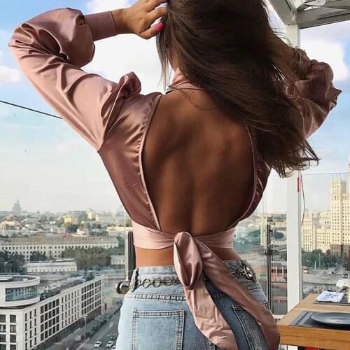 Womens Blouse Bow Tie Backless Patchwork Turtleneck Long Sleeve Ruffle Pleated Ladies Top 2021 Summer Sexy Party Ladies Clothes
