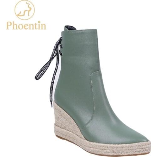 Phoentin back lace up wedge boots women 2019 new platform high heels shoes female green Muffin bottom plus size 44 FT790