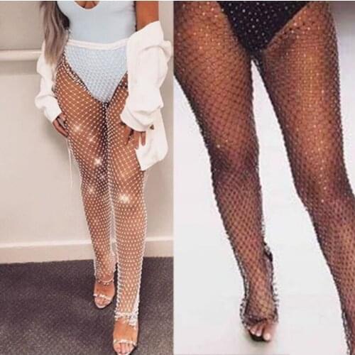 Women Rhinestone Fishnet Mesh Pants Trousers Ladies Beach Bikini Cover Up