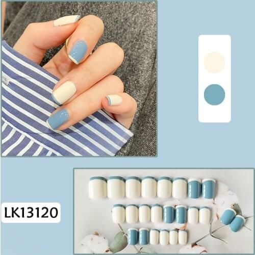 24Pcs/Set False Nails Glue Type Short Paragraph Blue Yellow Color DIY Slider Full Cover Fashion Manicure Patch False Nails