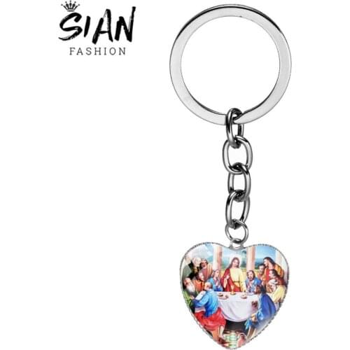 SIAN Virgin Mary Keychains Christian Catholicism Key Ring Jewelry Blessed Mother Religious Art Picture Glass Dome Pendant Gifts