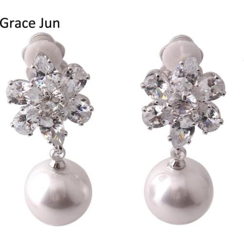 Grace Jun Top Quality AAA CZ Simulated Pearl 6 Water Drop Flower Shape Clip on Earrings Non Piercing for Women Elegant Ear Clip