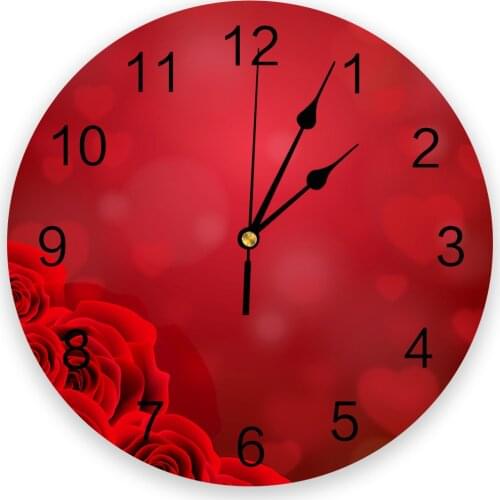 ValentineS Day Rose Red Heart Wall Clock Round Style Fashion Modern Design Wall Clock Home Living Room Bedroom Decoration