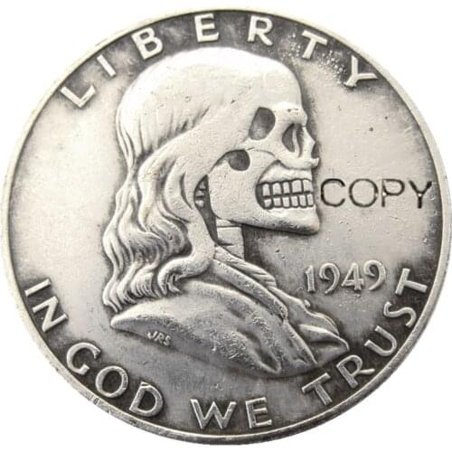FK(02) Hobo Creative 1949 Franklin Silver Half Dollar skull zombie skeleton hand carved Copy Coins