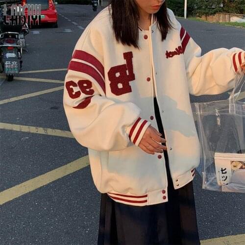Kawaii Unisex Autumn Jackets Oversize 2021 Single Breasted Letter Bomber Jacket Men Loose Baseball Uniform Womens Winter Jacket
