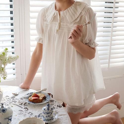 Summer Womens Lolita Princess Pajama Sets.Lace Turn Down Collar Tops+Shorts.Vintage Girls Pyjamas set.Soft Sleep Loungewear