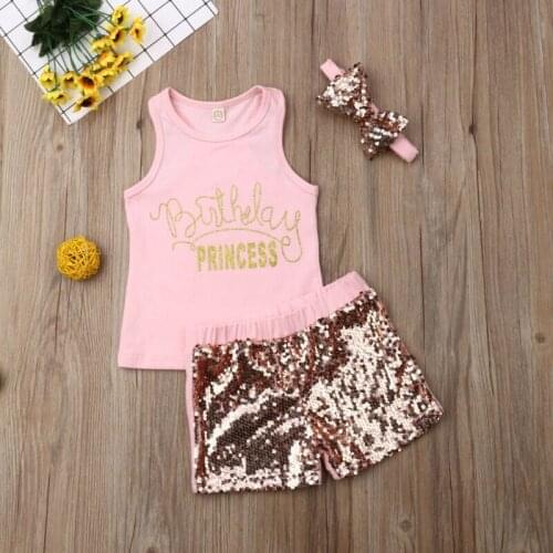 Summer Toddler Baby Girl Princess Top Sequin Shorts 3Pcs Outfits Set Clothes 2-7Y