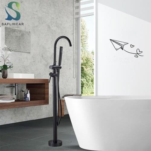 Matte Black Contemporary Floor-standing Bathtub Faucet With Hand Shower Modern Bath Tub Mixer Tap 360 Rotation Spout