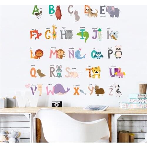 Cartoon animals 26 ABC alphabet words wall stickers bedroom nursery home decor pvc wall decals diy mural art