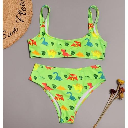 Cartoon Womens Swimwear Summer Animal Dinosaur Printing Beachwear Bikinis Set High Waist Split Swimsuit stroj kapielowy damski