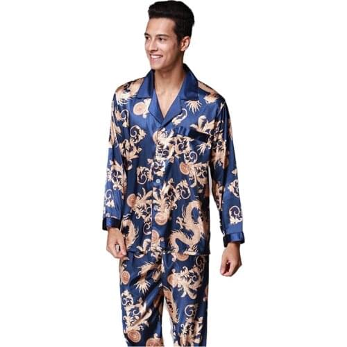 Men Satin Silk Sleepwear long Sleeves Faux Silk Pajamas Suit Man Loose Printed Nightclothes Paisley Pyjamas Set Male