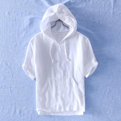 2020 Mens Short Sleeve Linen Hooded Shirt Comfortable and Breathable