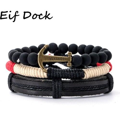 High Quality Mens Metal Bracelet Black Lava Beads Personality Leather Woven Anchor Leather Bracelet Rope Bracelet For Men Gift
