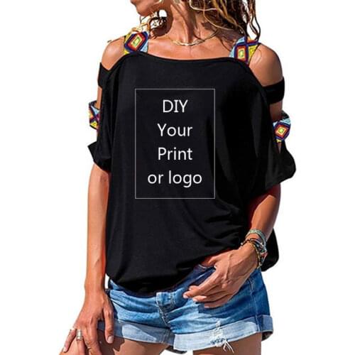 Customized Print T Shirt for Women DIY Your like Photo or Logo Top T-shirt Femme Short Sleeve Sexy Hollow Out Shoulder Top