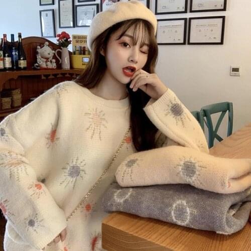Women 2020 New Autumn Winter Sweet Print Pullover Tops Female Fashion Thick Warm Sweaters Ladies Knitted Loose Sweater P297