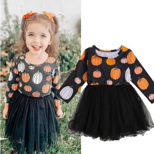 2021 New Autumn Fall Sweet Kids Halloween Dress Pumpkin Print Round Neck Long Sleeve Girls Casual Dresses Tulle Ball Gown Dress