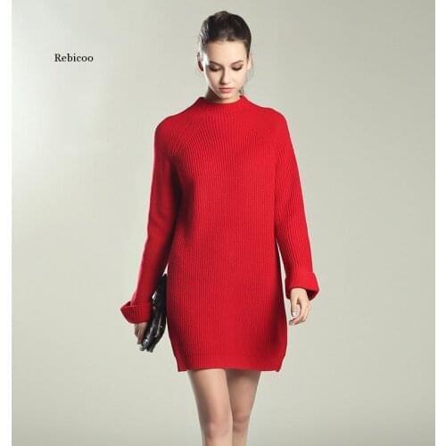 Autumn Winter Solid Knitted Cotton Sweater Dresses Women Fashion Loose O-Neck Pullover Female Knitted Dress