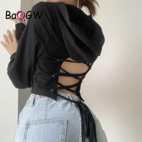 BaQGW Autumn Casual Bandages Patchwork Solid Hooded Sweatshirt Short Hoodies Slim Pink Black Pullover Winter Clothes Sweatshirts