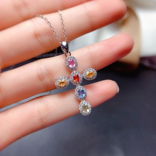 45cm 925 Sterling Silver Necklace Colorful Sri Lanka Sapphire Pendant Necklace for Women Trendy Fashion Jewelry Gifts