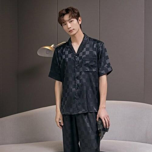Sexy Black plaid satins ice silk women pajamas sets Korea elegance long sleeve trousers sleepwear women pyjamas 99122