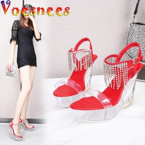 Voesnees Hot Buckle Strap Women Shoes Fashion Show 10CM Wedge Party Shoes High-heeled Sandals Transparent Crystal Platform Shoes