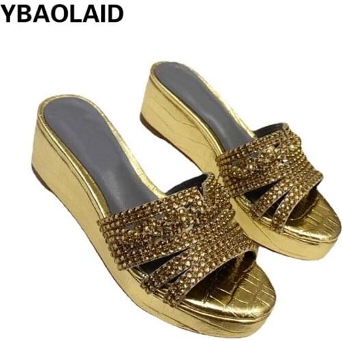 Cowhide Colored Diamond Slope Heel Sandals and Slippers New Fashion Outer Wear Round Head Rhinestone Casual High Heel Flip-flops