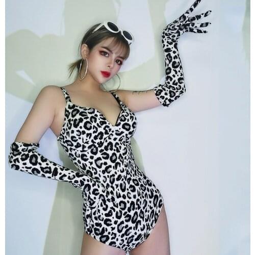 Sexy Leopard Bodysuit Gloves Birthday Outifts Women Pole Dance Wear Gogo Dj Ds Party Clothes Pub Bar Club Stage Costume VDB3172