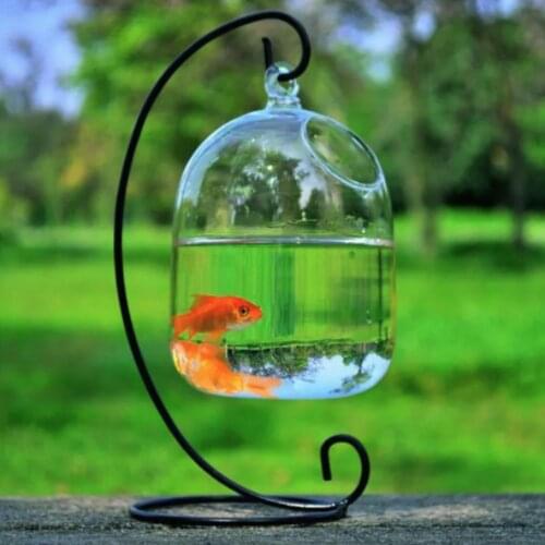 Creative Clear15cm Height Hanging Glass Aquarium Fish Bowl Fish Tank Flower Plant Vase With 23cm Height White Rack Fishbowls