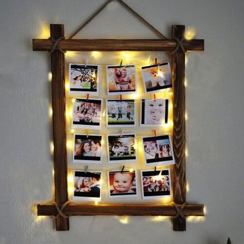 Natural Wood Drawstring illuminated Photo Hanger Clips String Collage Display Light led clip photo hanging Wall Photo Frame TR67