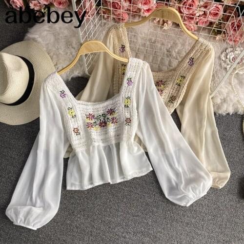 2021 Hot Crochet Chiffon Blouse Square Collar Tops Fashion Women Spring Long puff Sleeve Blouse Shirts Casual Ladies Top