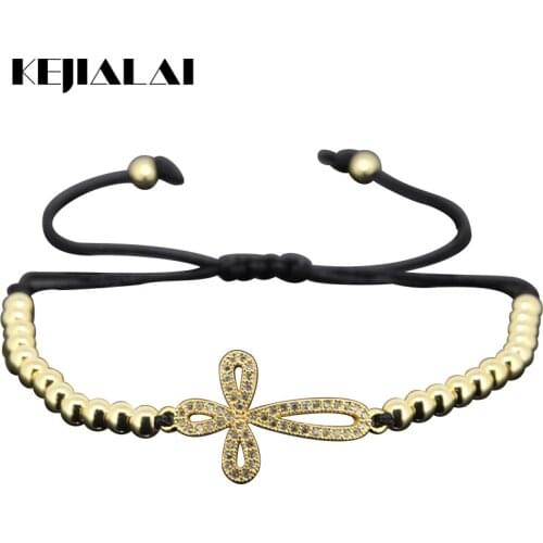 Brand New Women Bracelets,New Cross Curved Sideways CZ Beads & 4mm Round Ball Brass Beads Braiding Macrame Bracelet,Jewelry Gift