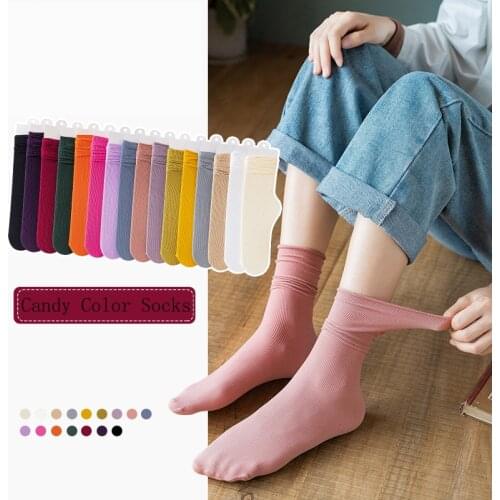 Womens Girls Solid Thin Frilly Socks Compression Soft Candy Color Black White Lolita Comfortable Under The Knee Loose Socks