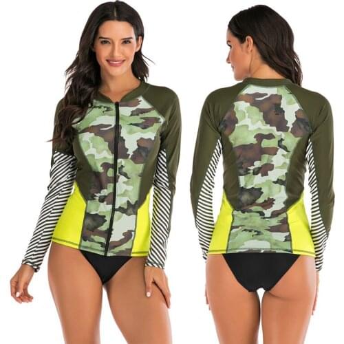 Womens Long Sleeve Rash Guard 2-Piece Swimsuit Set - Camo Printed Zip-up Top with Triangle Brief Bikini Bottom Sun Protection