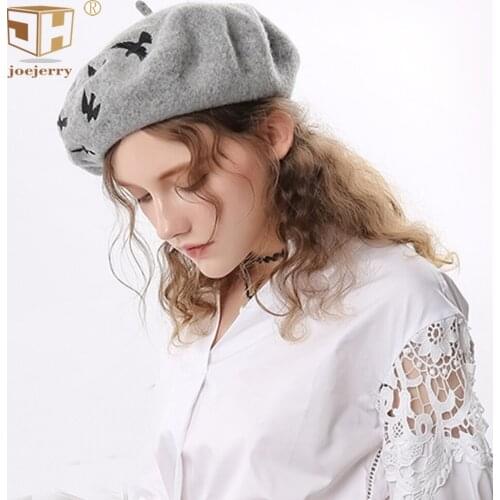 Wool Beret Female Embroidery Birds Cute Berets Caps For Women French Painter Hat Fashion