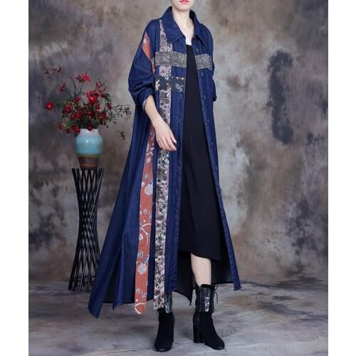 Women Spring Autumn Patchwork Denim Coat Female Loose Trench Coat Outerwear Ladies Spliced Long Coat 2021